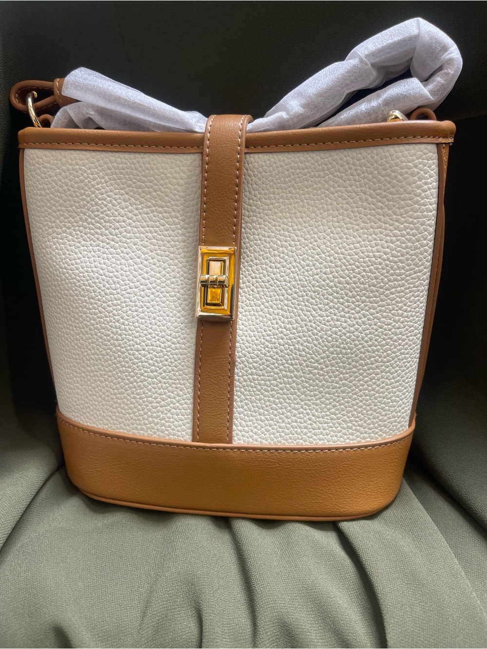 White and Tan Bucket Crossbody Bag - Classic Two-Tone Design